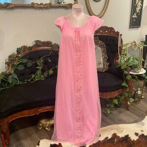 Vintage Lace & Sheer Layered Slip Dress Tie-Neck Cap Sleeve Size L Pink